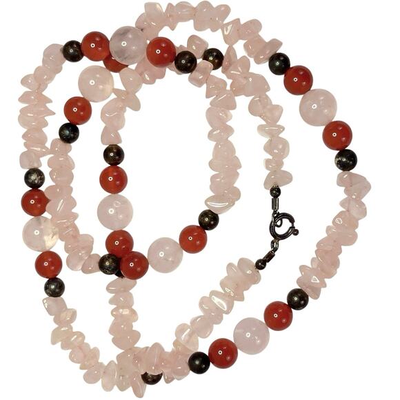 Vintage Rose Quartz Carnelian Beaded Necklace with Sterling Clasp 1980s 1990s - Picture 8 of 13